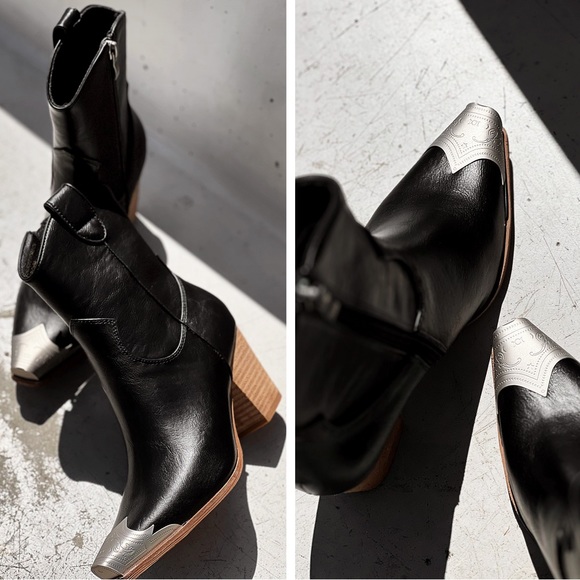 NEW Black PU Leather Metal Cap Toe Block Heel
Cowgirl Cowboy Western Ankle Boots - Picture 7 of 13